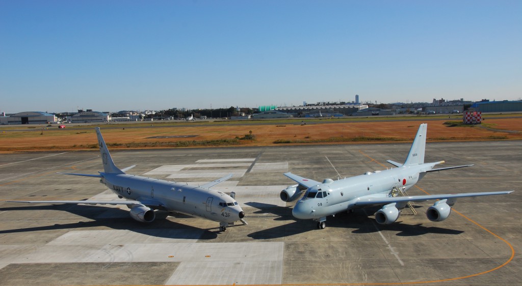 141119-N-AZ408-120 NAVAL AIR FACILITY ATSUGI, Japan (Nov. 19, 2014) A U.S. Navy P-8A Poseidon assigned to the Mad Foxes of Patrol Squadron (VP) 5 is on display next to the newest maritime patrol asset of the Japan Maritime Self-Defense Force, the Kawasaki P-1.  VP-5 is forward deployed to the U.S. 7th Fleet area of responsibility conducting theater anti-submarine warfare operations and joint interoperability efforts with the Japan Maritime Self-Defense Force. (U.S. Navy photo by Mass Communication Specialist 2nd Class Douglas G. Wojciechowski/Released)