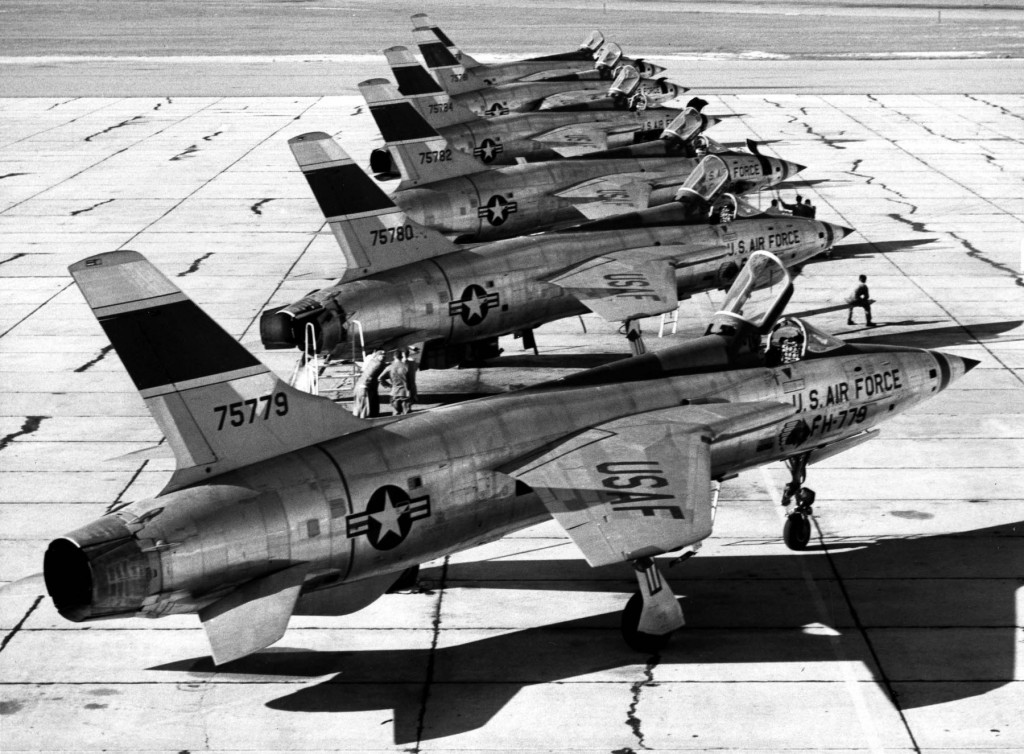 Six F-105B-10-REs (6 of 9 block 10 aircraft built) parked on the ramp. Aircraft are (nearest to farthest) S/N 57-5779, -5780, -5782, -5784, -5781, -5778. (U.S. Air Force photo)