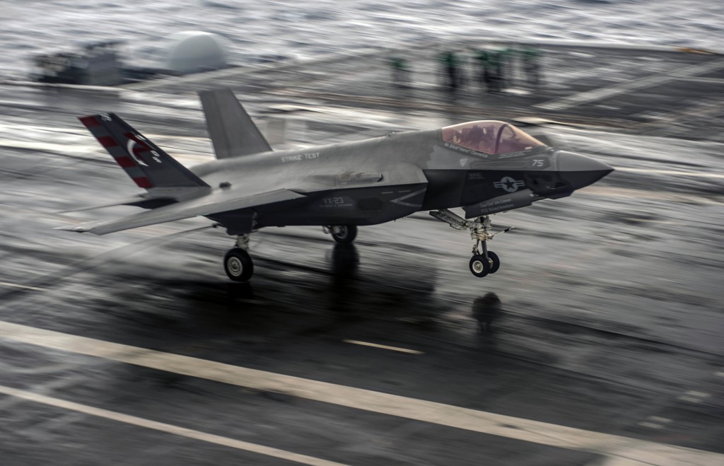 151002-N-UY653-105 ATLANTIC OCEAN (Oct. 2, 2015) An F-35C Lightning II carrier variant joint strike fighter assigned to the Salty Dogs of Air Test and Evaluation Squadron (VX) 23 makes an arrested landing aboard the aircraft carrier USS Dwight D. eisenhower (CVN 69). The F-35C Lightning II Pax River Integrated Test Force is currently conducting follow-on sea trials aboard the Eisenhower. (U.S. Navy photo by Mass Communication Specialist 3rd Class Utah Kledzik/Released)