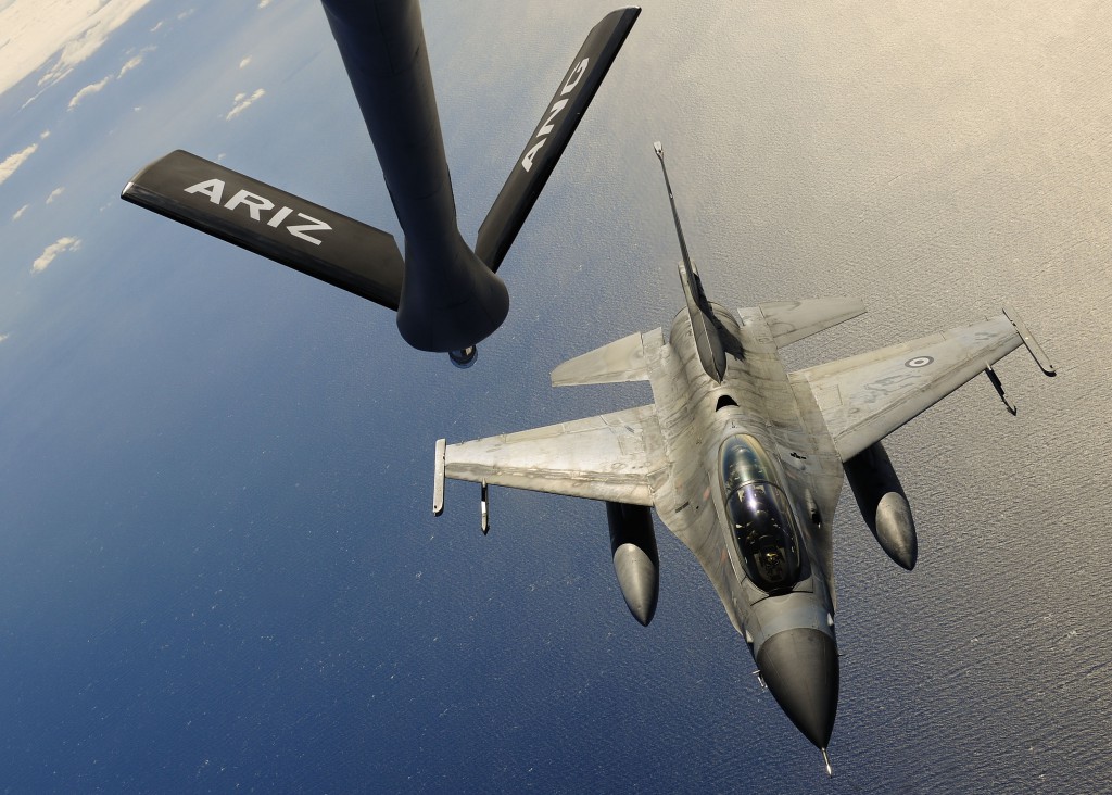 A Hellenic air force F-16 Fighting Falcon approaches a KC-135 Stratotanker, from the Arizona Air National Guards 161st Air Refueling Wing, during a flying training deployment, Jan. 27, 2017, at Souda Bay, Greece. The KC-135 refueled U.S. and Hellenic air force F-16s during the FTD, which was hosted to evaluate aircraft and personnel capabilities and increase interoperability between the two NATO allies. (U.S. Air Force photo by Staff Sgt. Austin Harvill)