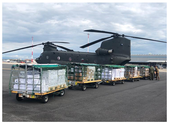 Gli elicotteri dell’Esercito Italiano continuano a volare per trasportare, il più velocemente possibile, materiale sanitario destinato agli ospedali.
